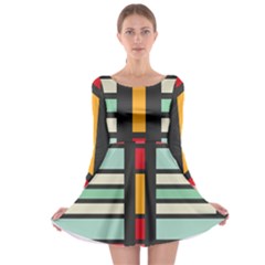 Mirrored Rectangles In Retro Colors Long Sleeve Skater Dress