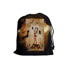 Halloween, Cute Girl With Pumpkin And Spiders Drawstring Pouches (large)  by FantasyWorld7