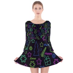 Decorative Xmas Pattern Long Sleeve Velvet Skater Dress by Valentinaart