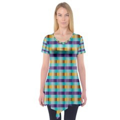 Pattern Grid Squares Texture Short Sleeve Tunic 