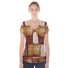 Brown Wall Tile Design Texture Pattern Short Sleeve Front Detail Top
