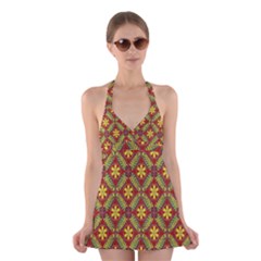 Abstract Yellow Red Frame Flower Floral Halter Swimsuit Dress by Alisyart