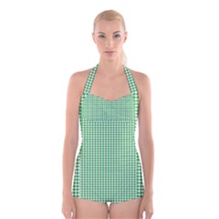 Green Tablecloth Plaid Line Boyleg Halter Swimsuit  by Alisyart