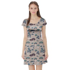 Blue Colorful Mushrooms Pattern Short Sleeve Skater Dress
