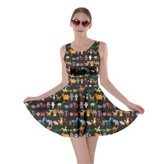 Black Set Of Funny Cartoon Animals Character On Black Zoo Skater Dress
