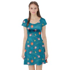 Blue Colorful Space With Cute Rocket Short Sleeve Skater Dress