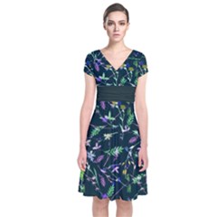 Dark Green Floral 2 Short Sleeve Front Wrap Dress by CoolDesigns