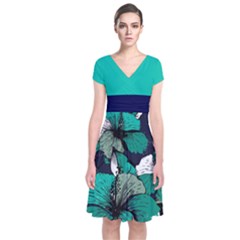 Teal Floral Short Sleeve Front Wrap Dress
