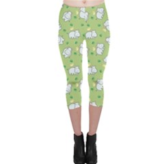 Green Happy Hippo With Friendly Bird Pattern Capri Leggings
