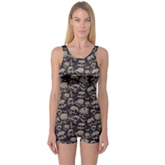 Black Grunge Pattern With Skulls Illustration Boyleg One Piece Swimsuit