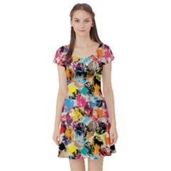 Colorful Pattern Grunge Fingerprints Pattern Short Sleeve Skater Dress