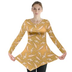 Yellow With Stylized Sharks Stylish Design Long Sleeve Tunic Top