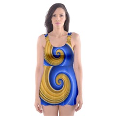 Golden Spiral Gold Blue Wave Skater Dress Swimsuit by Alisyart