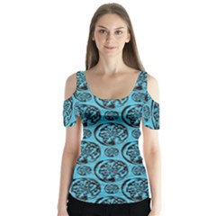 Turquoise Pattern Butterfly Sleeve Cutout Tee 