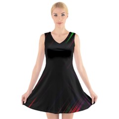 Streaks Line Light Neon Space Rainbow Color Black V-neck Sleeveless Skater Dress by Mariart