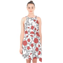 Texture Roses Flowers Halter Collar Waist Tie Chiffon Dress