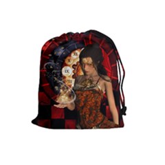 Steampunk, Beautiful Steampunk Lady With Clocks And Gears Drawstring Pouches (large)  by FantasyWorld7