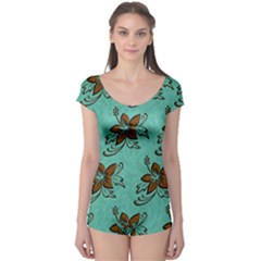 Chocolate Background Floral Pattern Boyleg Leotard 