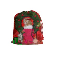 Christmas, Funny Kitten With Gifts Drawstring Pouches (large)  by FantasyWorld7