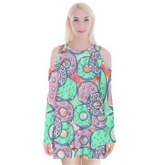 Donuts Pattern Velvet Long Sleeve Shoulder Cutout Dress