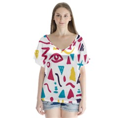 Eye Triangle Wave Chevron Red Yellow Blue V-neck Flutter Sleeve Top by Mariart