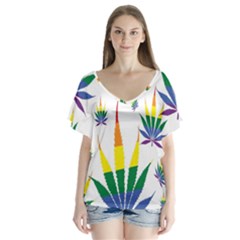 Marijuana Cannabis Rainbow Love Green Yellow Red White Leaf V-neck Flutter Sleeve Top by Mariart