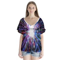 Seamless Animation Of Abstract Colorful Laser Light And Fireworks Rainbow V-neck Flutter Sleeve Top by Mariart