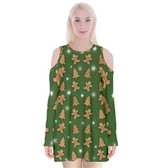 Ginger Cookies Christmas Pattern Velvet Long Sleeve Shoulder Cutout Dress