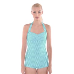 Tiffany Aqua Blue Chevron Zig Zag Boyleg Halter Swimsuit  by PodArtist