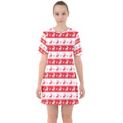 Knitted Red White Reindeers Sixties Short Sleeve Mini Dress by patternstudio