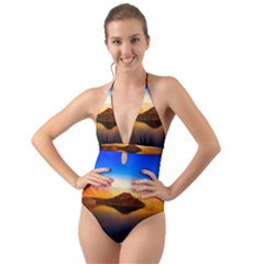 Crater Lake Oregon Mountains Halter Cut-out One Piece Swimsuit