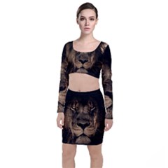 African Lion Mane Close Eyes Long Sleeve Crop Top & Bodycon Skirt Set