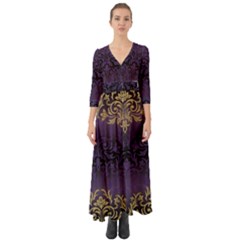 Art Nouveau,vintage,damask,gold,purple,antique,beautiful Button Up Boho Maxi Dress