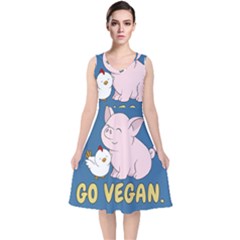 Go Vegan - Cute Pig And Chicken V-neck Midi Sleeveless Dress 