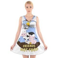 Friends Not Food - Cute Cow, Pig And Chicken V-neck Sleeveless Skater Dress