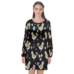 Easter Pattern Long Sleeve Chiffon Shift Dress 
