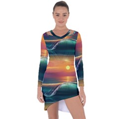 Art Sunset Beach Sea Waves Asymmetric Cut-out Shift Dress