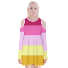 Red Orange Yellow Pink Sunny Color Combo Striped Pattern Stripes Velvet Long Sleeve Shoulder Cutout Dress