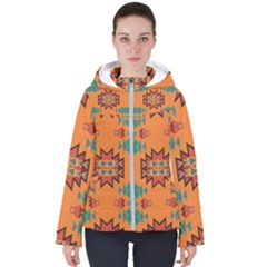 Misc Shapes On An Orange Background                                   Women s Hooded Puffer Jacket