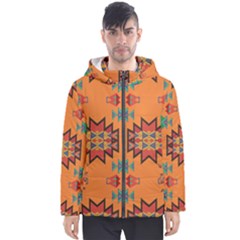 Misc Shapes On An Orange Background                                    Men s Hooded Puffer Jacket