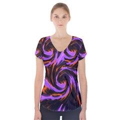 Swirl Black Purple Orange Short Sleeve Front Detail Top