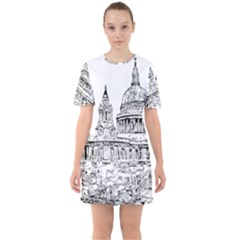 Line Art Architecture Church Sixties Short Sleeve Mini Dress