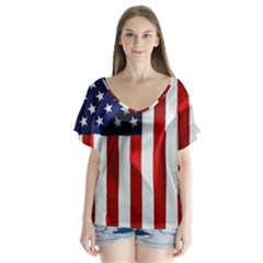 American Usa Flag Vertical V-neck Flutter Sleeve Top by FunnyCow