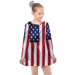 American Usa Flag Vertical Kids  Long Sleeve Dress by FunnyCow