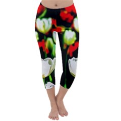 White And Red Sunlit Tulips Capri Winter Leggings 