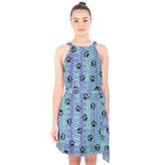 Footprints Cat Black On Batik Pattern Teal Violet Halter Collar Waist Tie Chiffon Dress