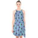 Footprints Cat Black On Batik Pattern Teal Violet Halter Collar Waist Tie Chiffon Dress View1
