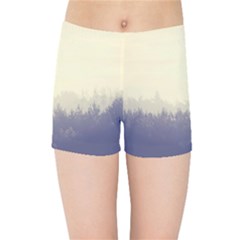 Cloudy Foggy Forest With Pine Trees Kids Sports Shorts by genx
