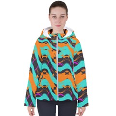 Blue Orange Black Waves                                        Women s Hooded Puffer Jacket