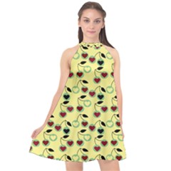 Yellow Heart Cherries Halter Neckline Chiffon Dress 